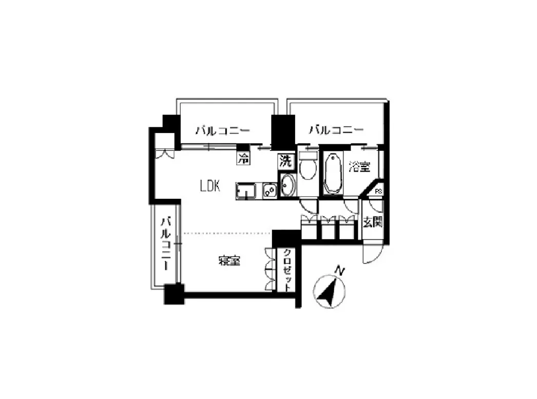 - 2LDK間取り図、バルコニー、洗面所、トイレ、浴室、クローゼットが配置された住宅の設計図