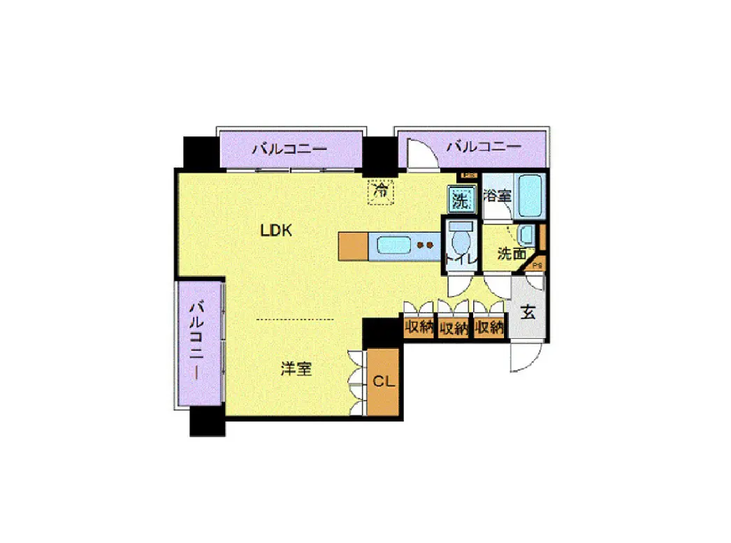 - LDKと洋室、バルコニー付きの間取り図、トイレ、洗面所、浴室、収納スペースが配置された住居プラン