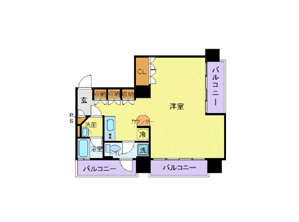 - バルコニー付きの間取り図、広い洋室と浴室、洗面所、収納スペースを完備した物件レイアウト