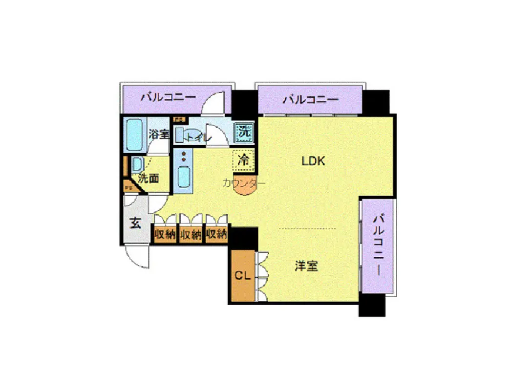 - LDK、洋室、浴室、洗面所、トイレ、玄関、収納スペースとバルコニーを含む間取り図