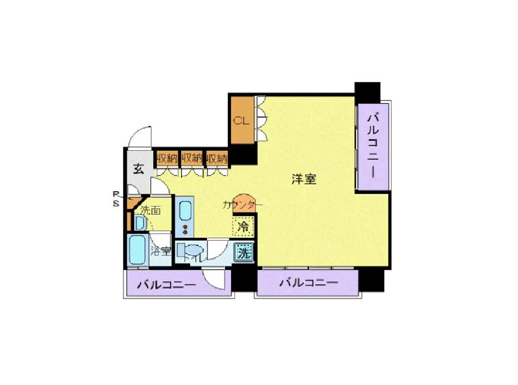 - 2LDKの間取り図、玄関、リビング、洋室、バルコニーが配置されたシンプルなデザインの間取り