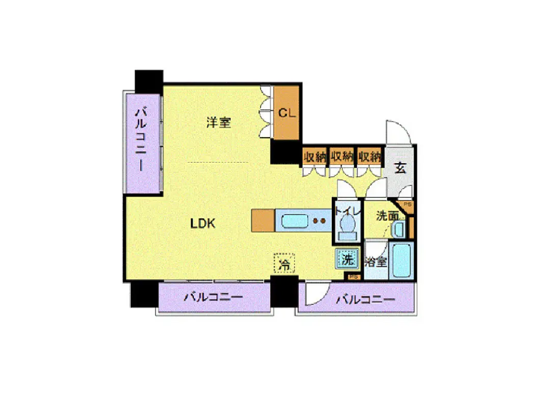 - シンプルな間取り図、LDK、洋室、バルコニー、トイレ、洗面、浴室、収納スペースを含むアパートの詳細なレイアウト