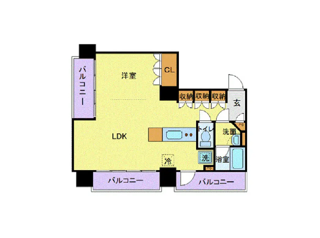 - LDK、洋室、バルコニー、トイレ、洗面所、浴室を含む間取り図、収納スペースが充実した住居レイアウト
