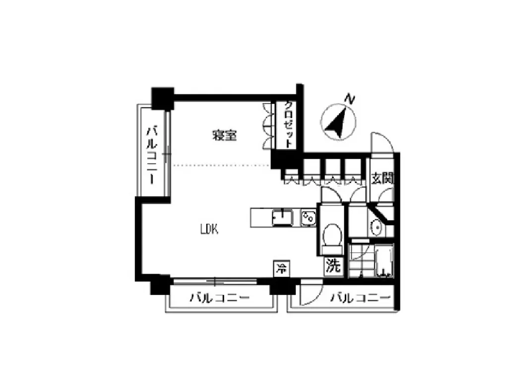 - 1LDKの間取り図、寝室、洗濯室、バルコニー、LDKの配置が示された平面図