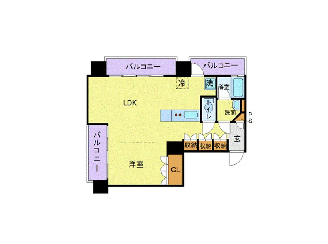 - LDKと洋室を含む間取り図、バルコニー、浴室、トイレ、収納スペースを配置した設計