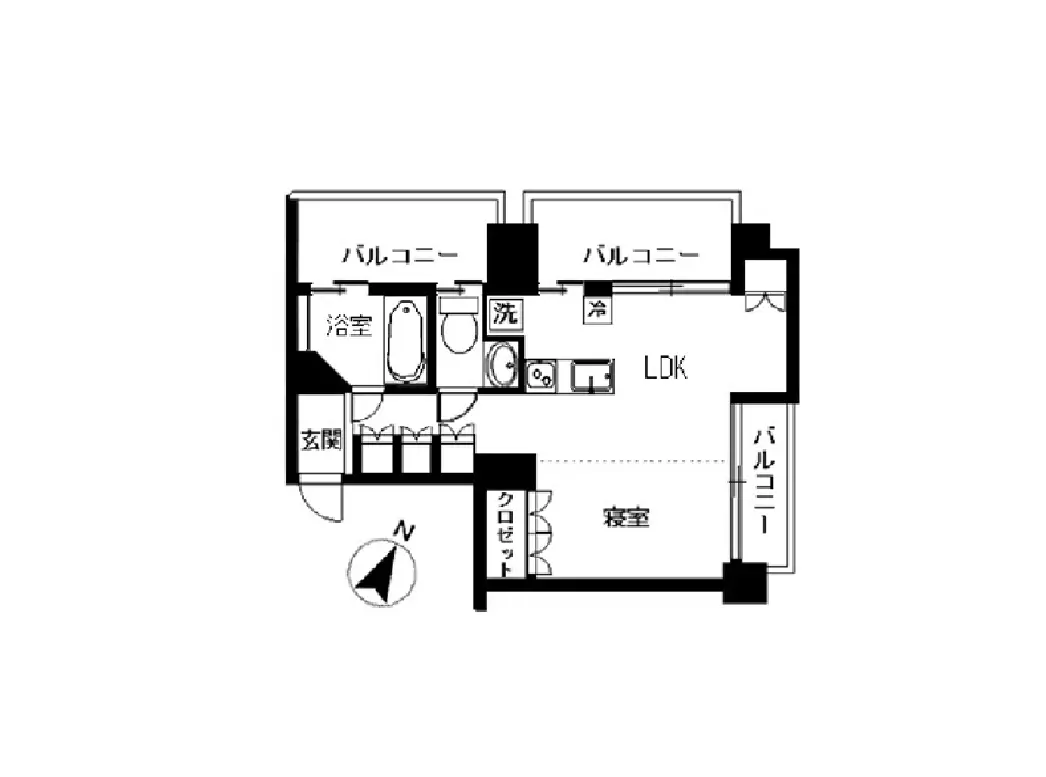 - 2LDKの間取り図、バルコニー、洗面所、浴室、玄関、収納スペースを含むシンプルな設計