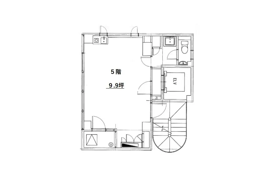 - 5階に位置する部屋の間取り図、面積は9.9坪で、エレベーターの近くに配置された平面図