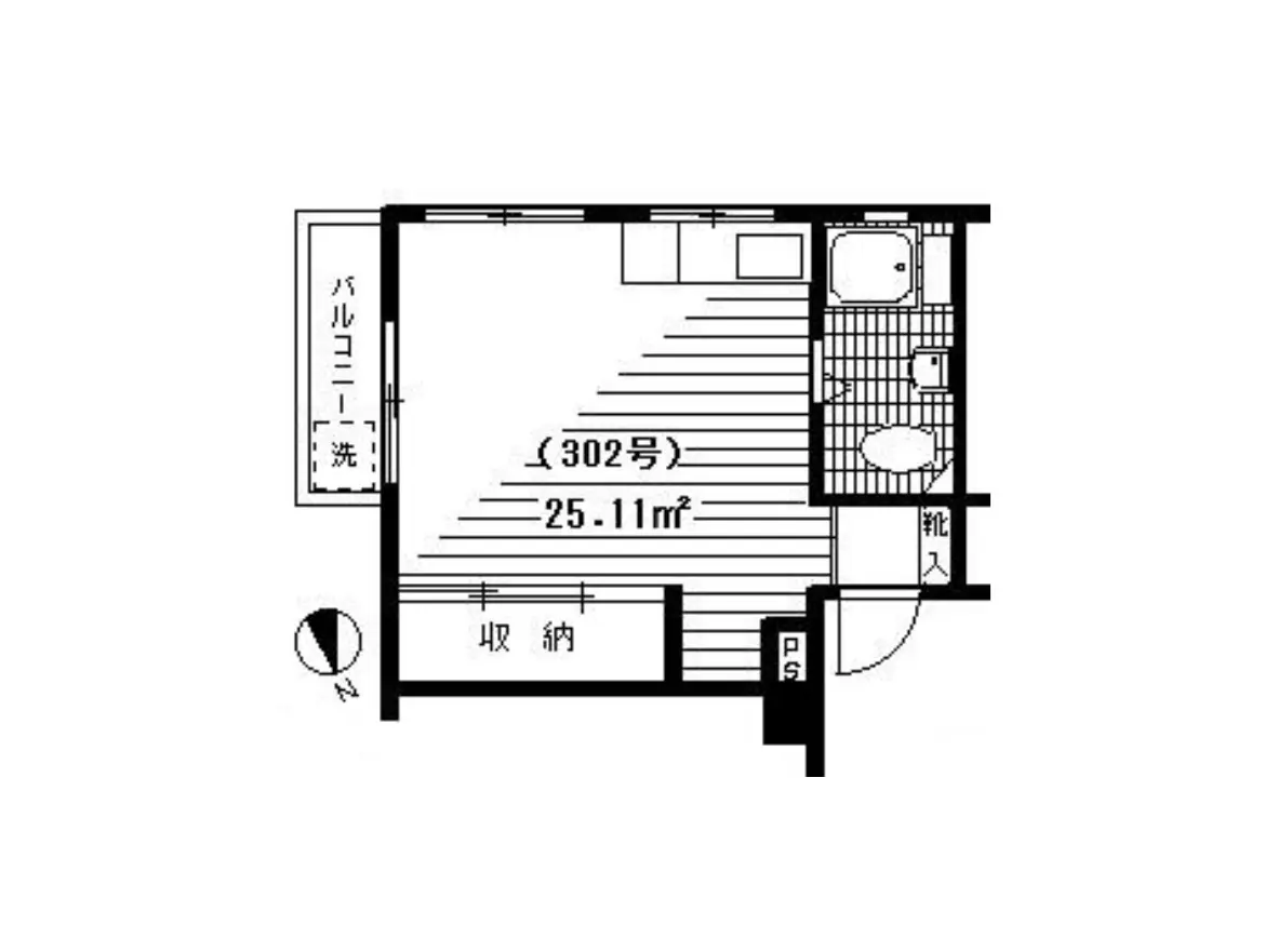 - 25.11㎡の間取り図、302号室のレイアウト、洗面所やバルコニー、収納スペースが含まれるデザイン