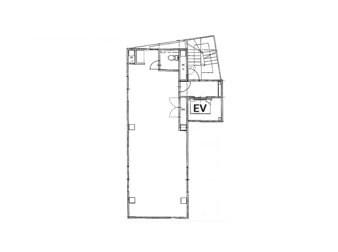 - 建築プランの図面、部屋の配置やエレベーター(EV)の位置が示された設計図