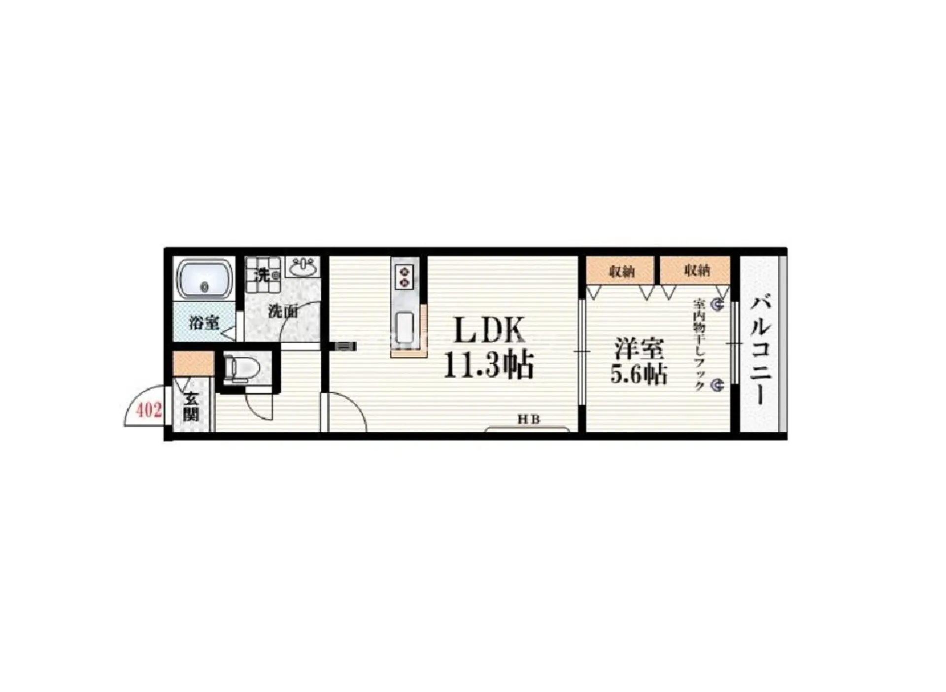 - 間取り図、LDK11.3帖、洋室5.6帖、バルコニー、浴室、洗面、トイレ、収納スペースを含むシンプルなレイアウト