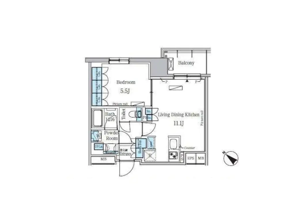 - 1LDKの間取り図、リビングダイニングキッチン11.1畳、寝室5.5畳、バルコニー付きの設計です。
