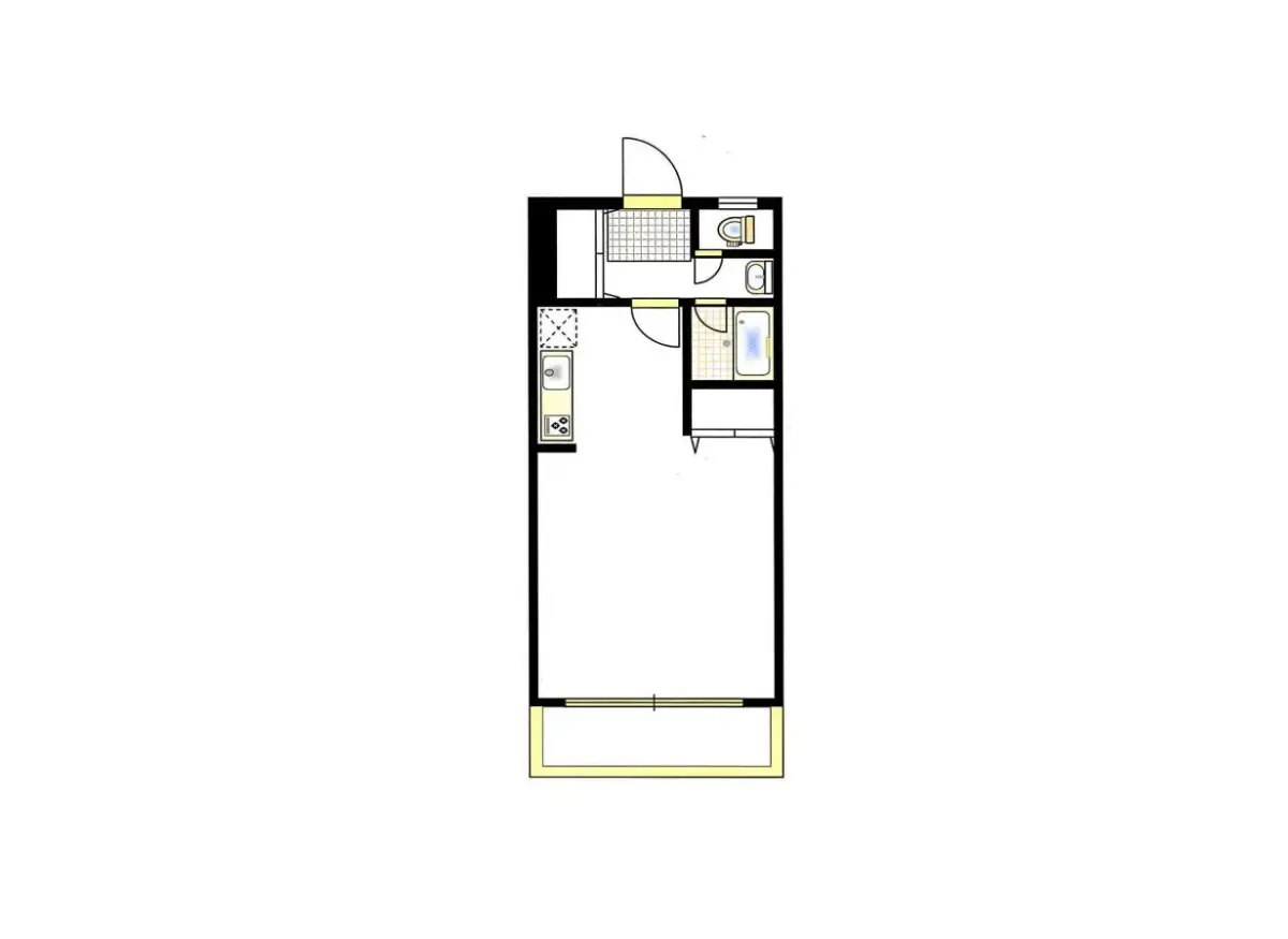- シンプルな間取り図、キッチン、バスルーム、トイレを含む小型住居のレイアウト