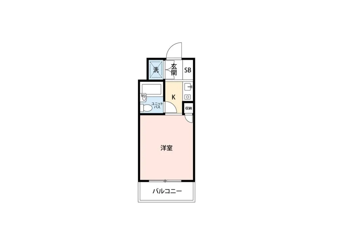 - 一人暮らし向けの間取り図、洋室、キッチン、バスルーム、洗面所、バルコニー付きの設計