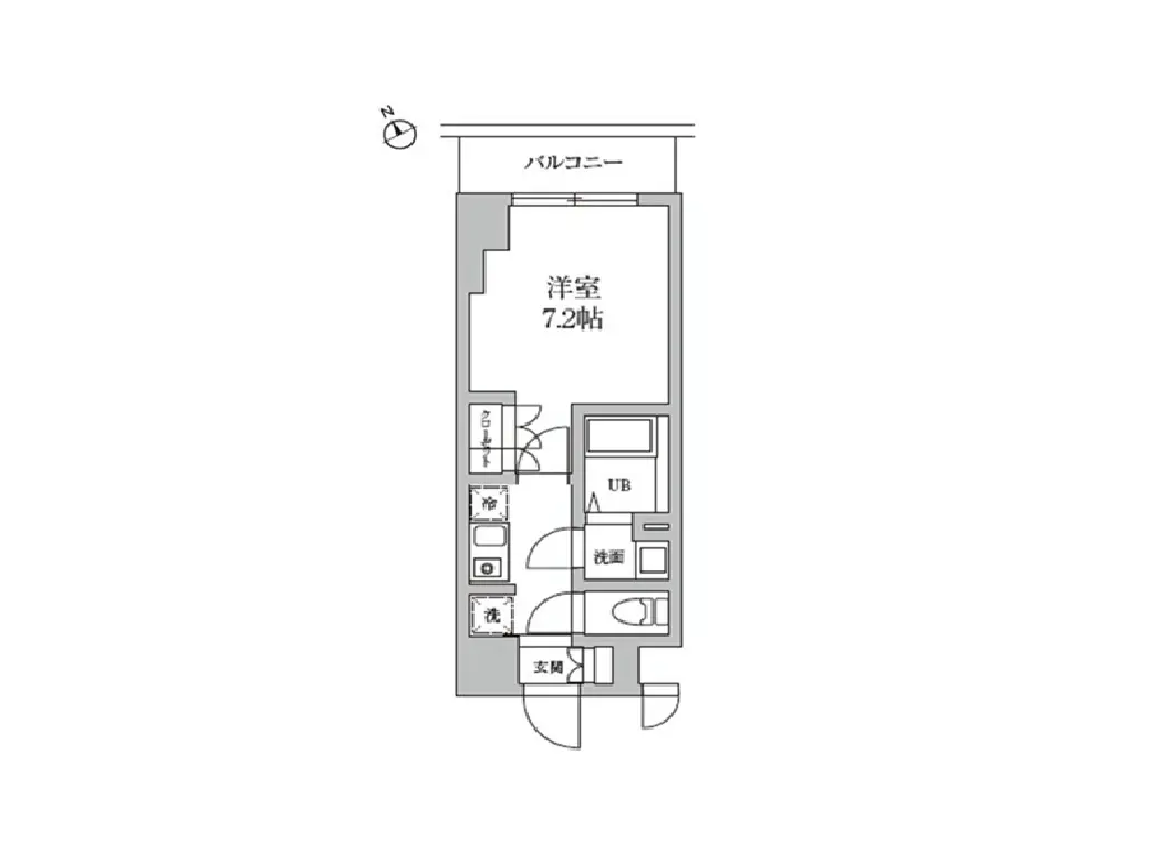 - 7.2畳の洋室を含む間取り図、キッチン、バスルーム、洗面所などの配置が示されたレイアウト