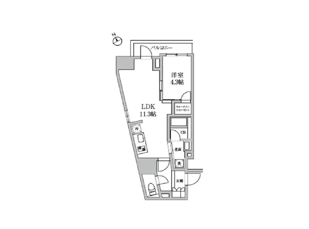 - 11.3畳のLDKと2部屋の洋室を含む間取り図、バルコニー、洗面、トイレ、浴室の配置が示されている。