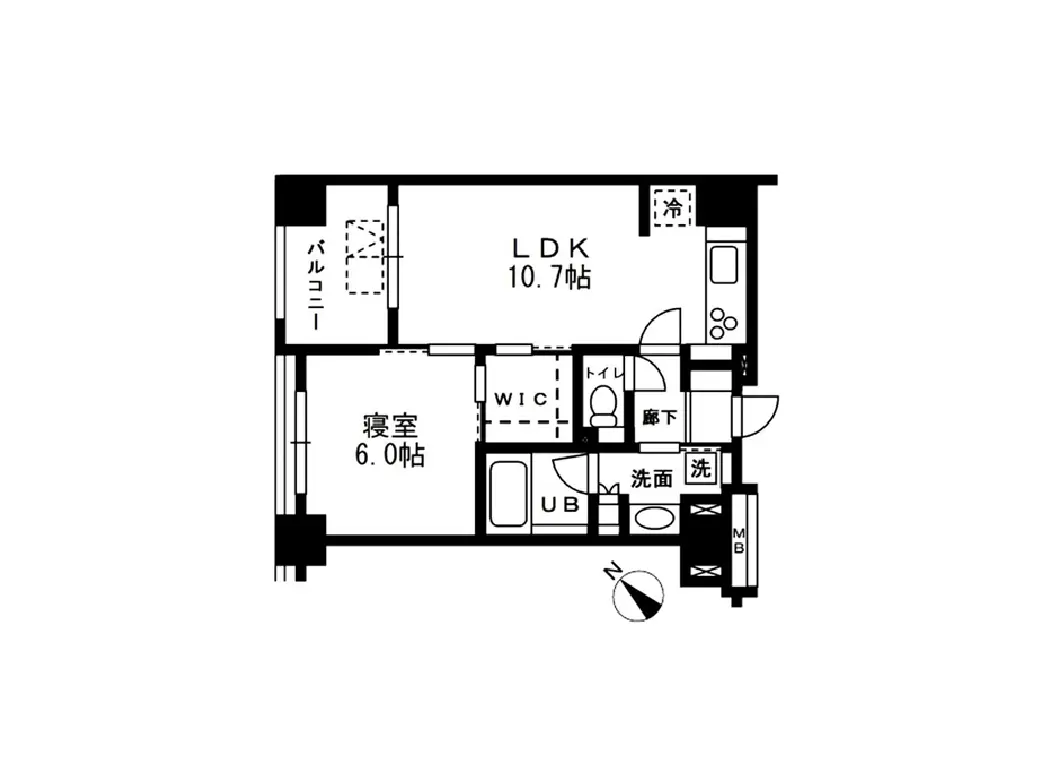 - 1LDKの間取り、寝室6帖とリビングダイニングキッチン10.7帖、洗面トイレを含むシンプルなレイアウト設計図
