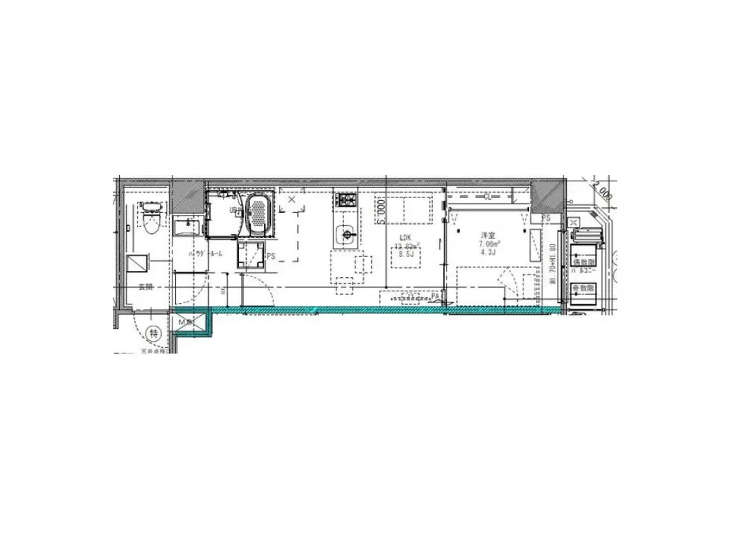 - 住宅の間取り図、LDK、洋室、浴室、トイレなどの配置が示されている平面図