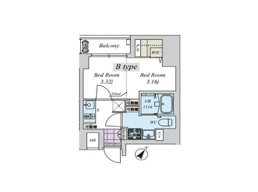- Bタイプの間取り図、2つの寝室、バルコニー、キッチン、バスルーム、ウォークインクローゼットを含む住居レイアウト