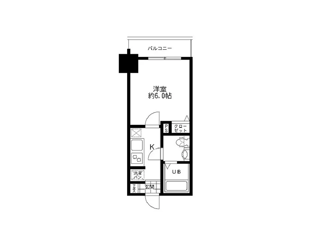 - 1K間取りの間取図、寝室約6.0帖、クローゼット、バスルーム、キッチン、バルコニーを含む配置のレイアウト