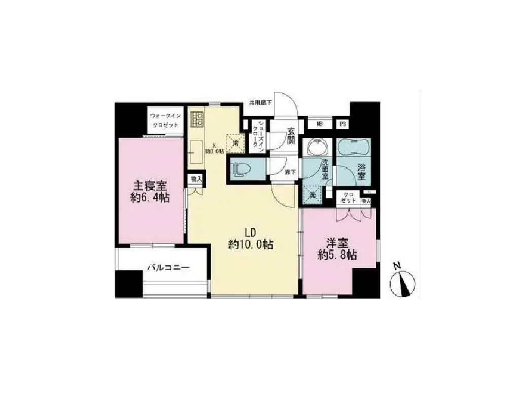 - 約10帖のリビングダイニング、主寝室約6.4帖と洋室約5.8帖、バルコニー付きの間取り図
