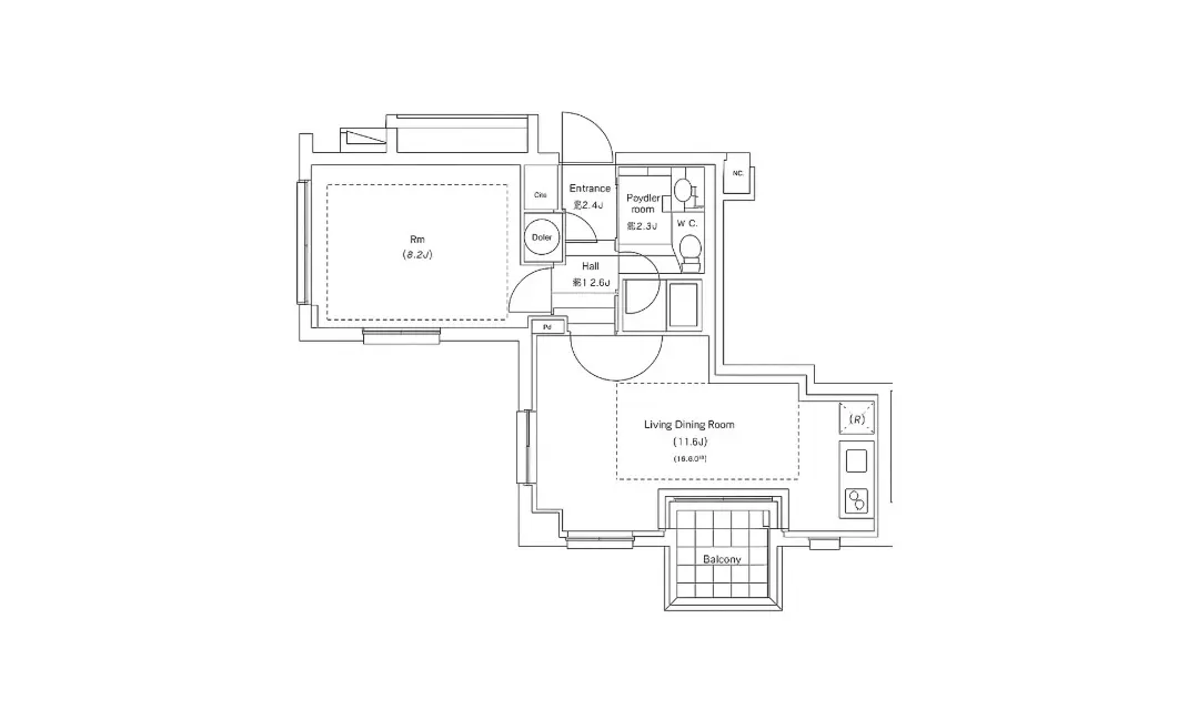 - 間取り図、リビングダイニングルーム、寝室、エントランスとトイレの配置が示された住宅の平面図