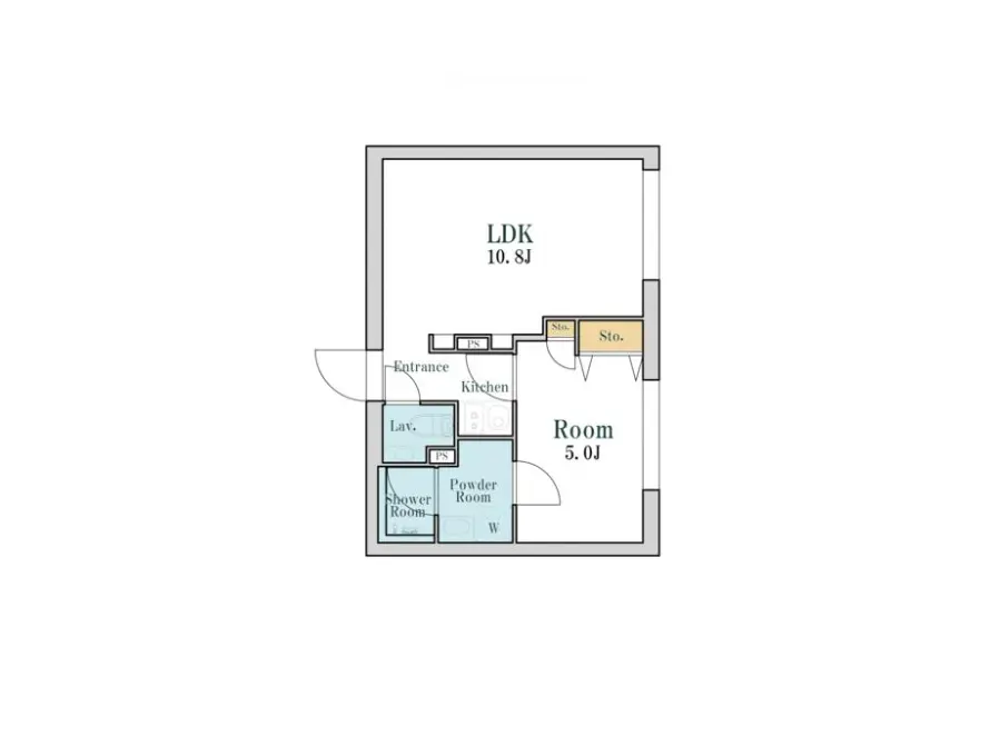 - LDK（リビング・ダイニング・キッチン）と寝室、洗面室、シャワールームが配置された間取り図、各部屋の寸法表記あり