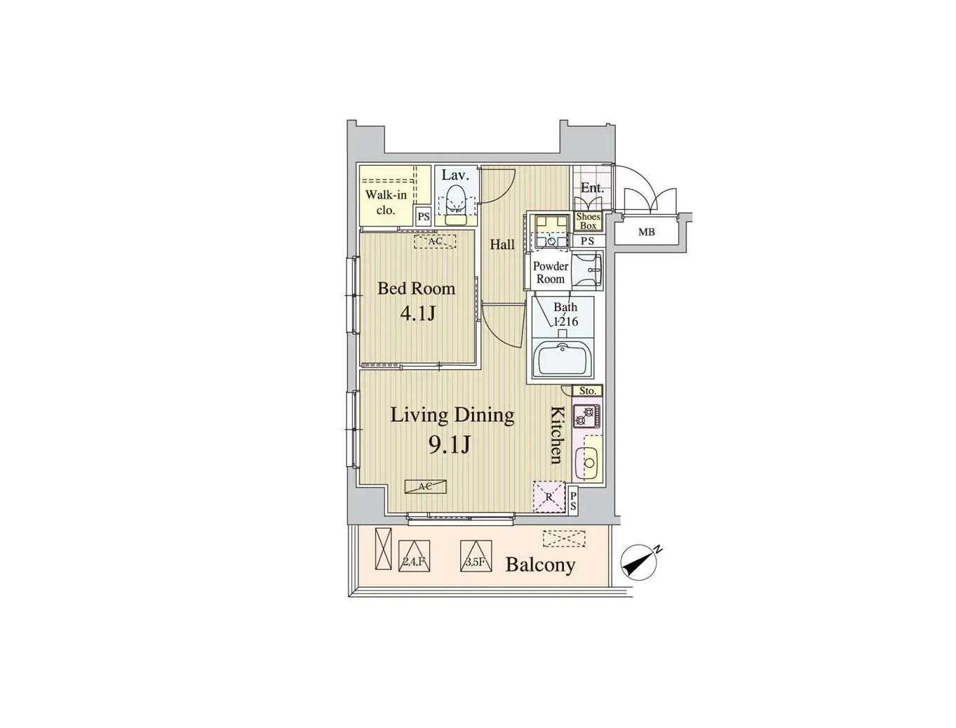 - 1LDKの間取り図、広いリビングダイニングとベッドルーム、各部屋に収納スペースがある住宅レイアウト