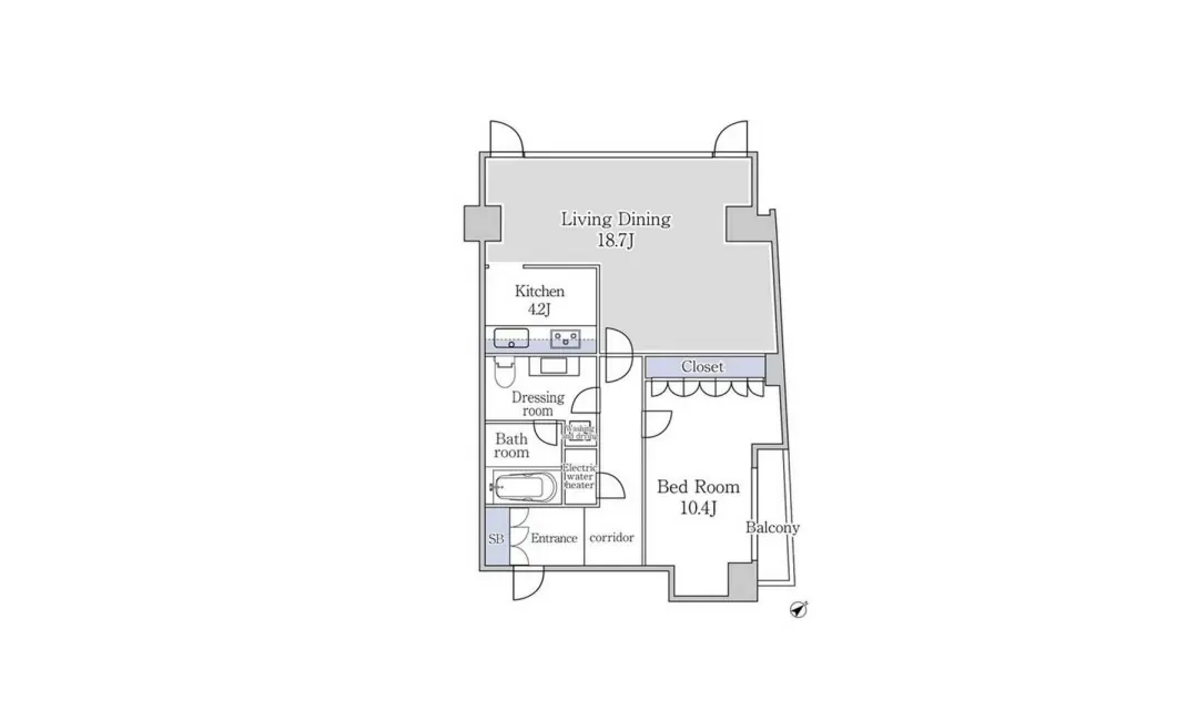 - 2LDKの間取り図、リビングダイニング18.7帖、キッチン、ドレッシングルーム、バスルーム、寝室10.4帖、バルコニー付きのレイアウト