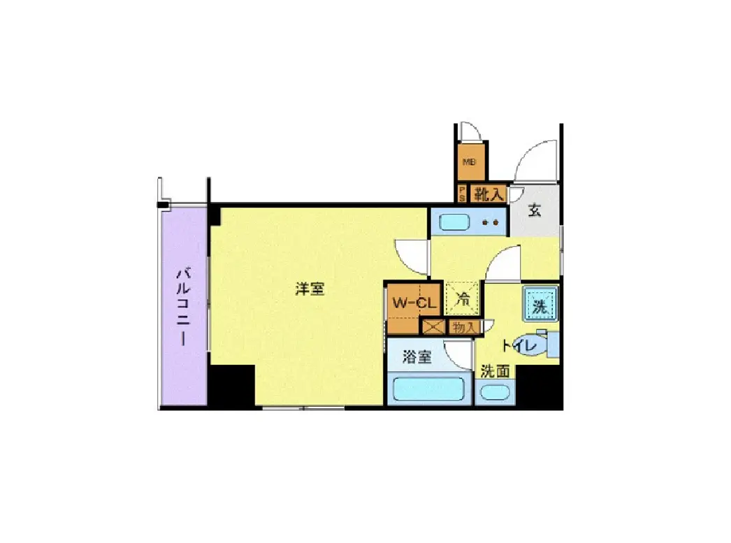 - 洋室やバルコニー、トイレ、洗面所、浴室を含む間取り図のイラスト