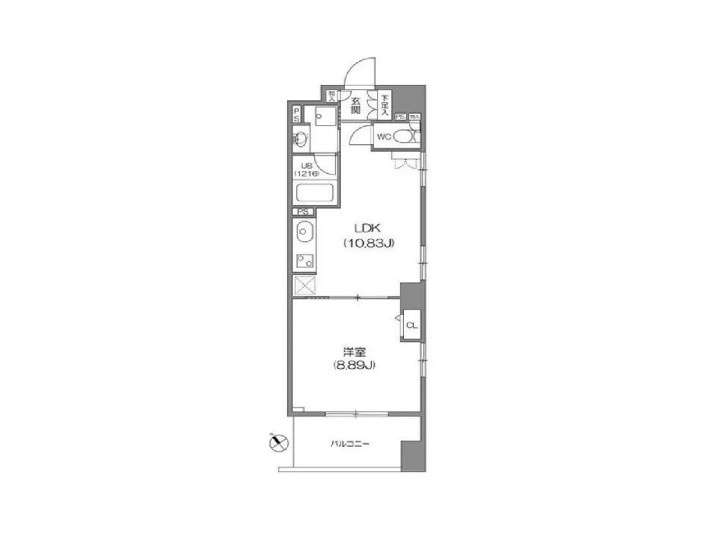 - LDK（10.83畳）と洋室（8.89畳）を含む間取り図、バルコニー付きの一人暮らし向け賃貸物件のレイアウト