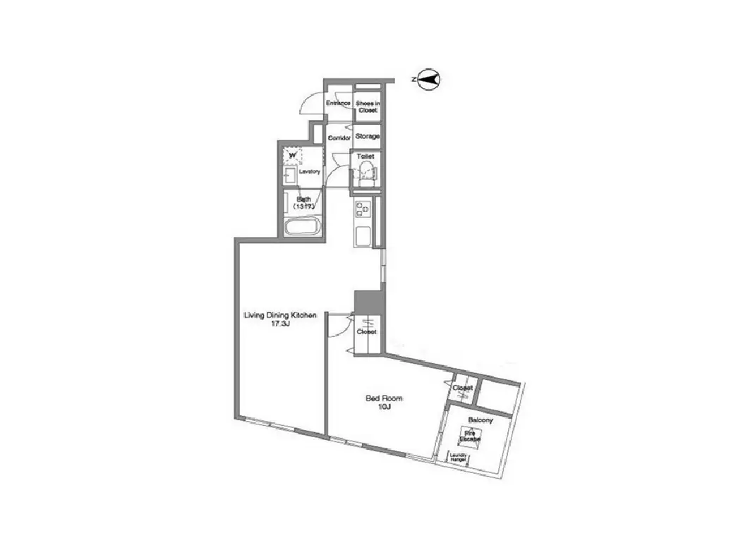 - 2LDKの間取り図、リビングダイニングキッチン17.3帖、寝室10帖、バルコニー付きのレイアウト