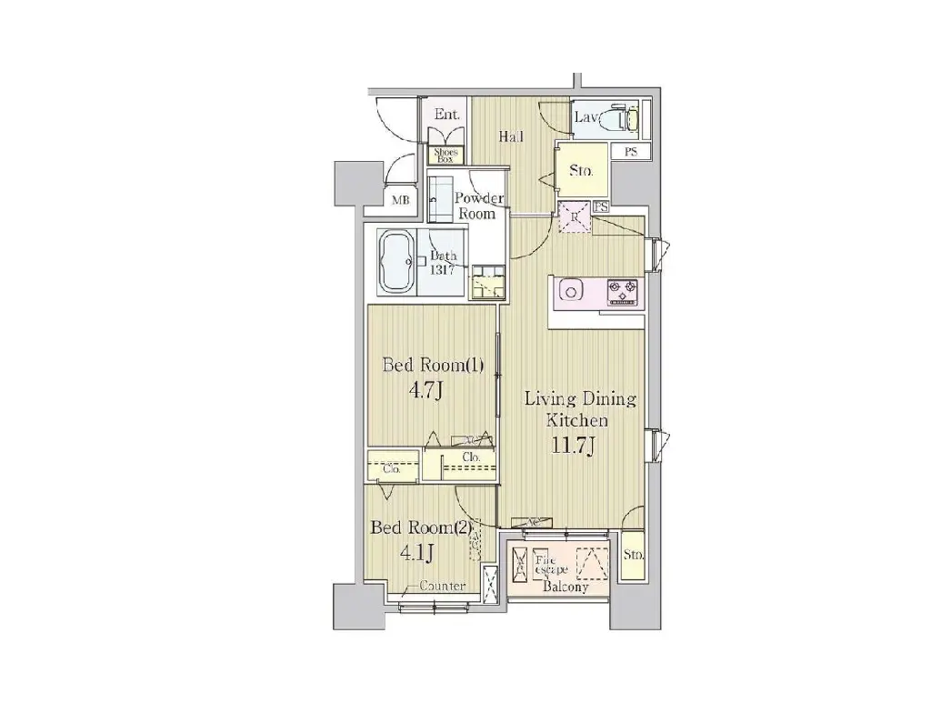 - 二部屋の間取りを持つマンションの平面図、リビングダイニングキッチンは11.7畳、各寝室はそれぞれ4.7畳と4.1畳の広さ、バルコニーと収納スペースを含む配置