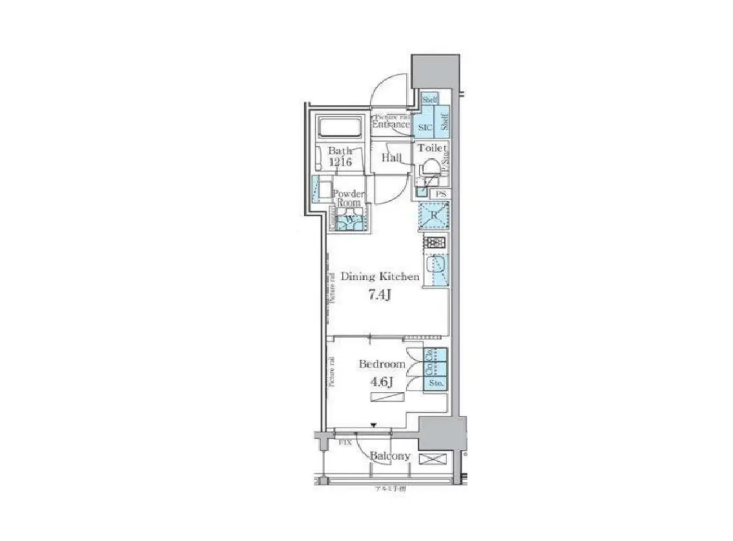 - 洗面所、トイレ、ダイニングキッチン、寝室、バルコニーが配置された住宅の間取り図