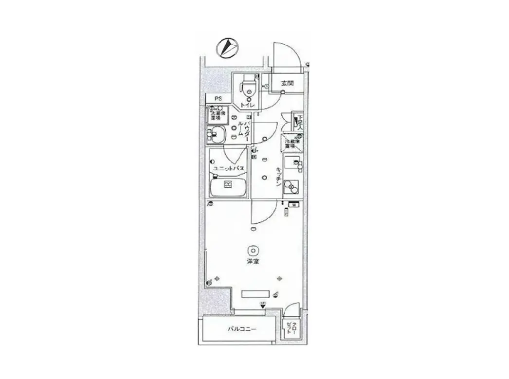- 間取り図、バルコニー付きの一人暮らし向け1LDK、キッチン、ユニットバス、洋室とトイレの配置が示された詳細な平面図