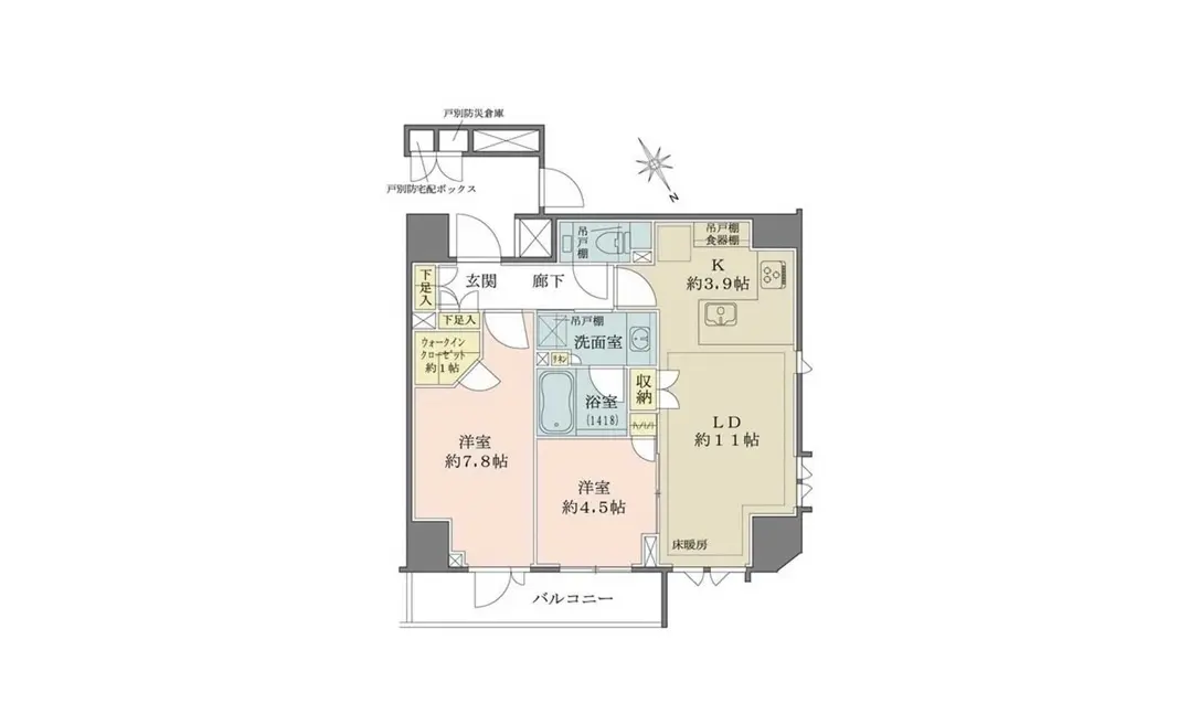 - 間取り図、全体で約70平米の3LDK、リビングダイニング約11帖、洋室約7.8帖と約4.5帖、キッチン約3.9帖のレイアウト。