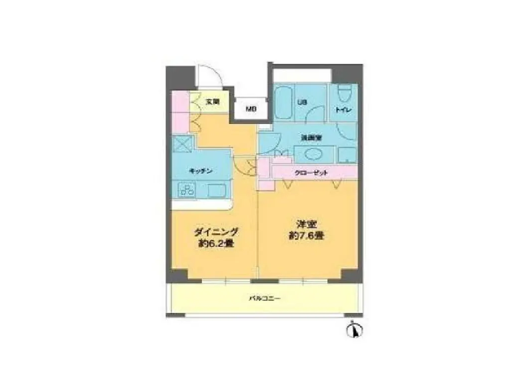 - 1LDKの間取り図、ダイニング約6.2畳、洋室約7.6畳、キッチン、トイレ、浴室、クローゼット、バルコニー付きのレイアウト