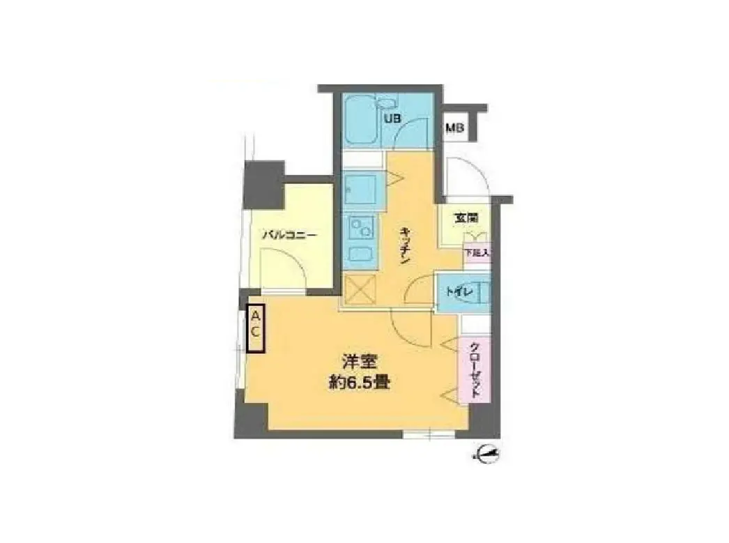 - 1K間取りの住宅レイアウト、約6.5畳の洋室、キッチン、トイレ、バルコニーを含む間取り図