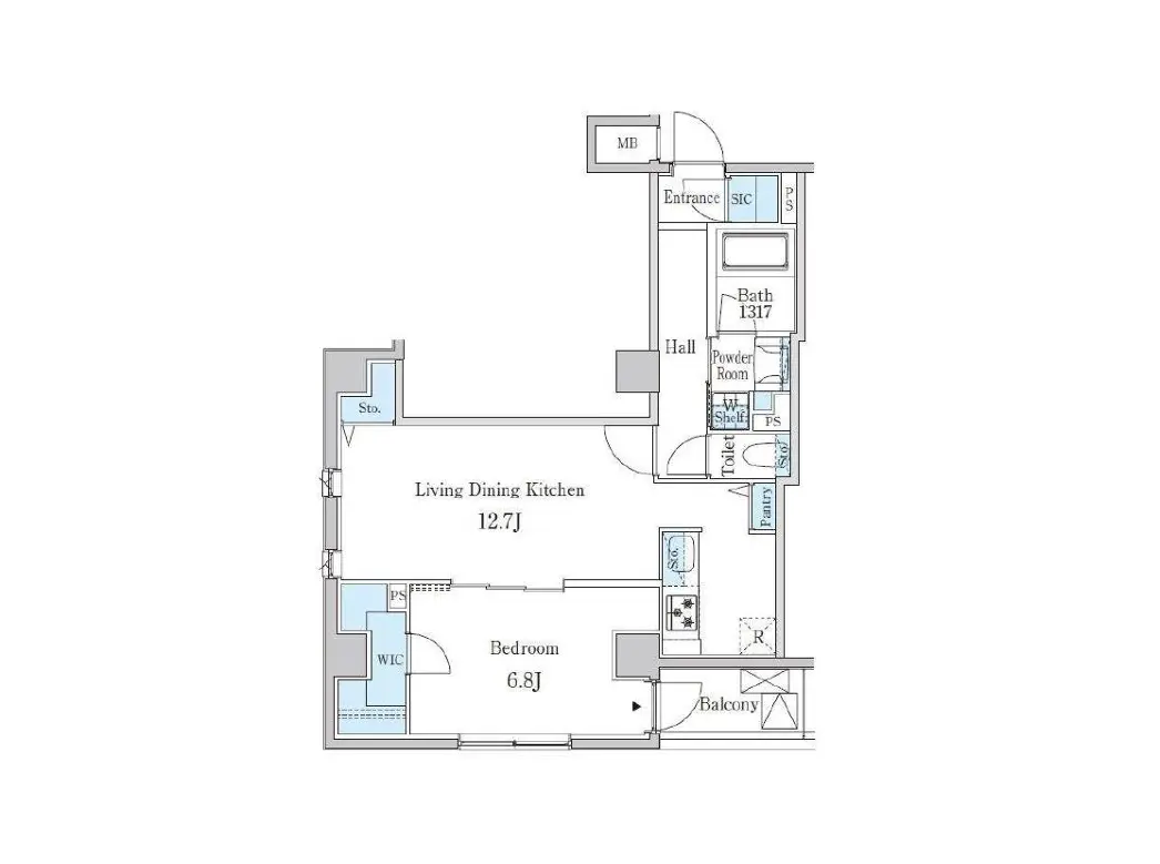 - 1LDK間取り図、リビングダイニングキッチン、6.8畳の寝室、バルコニー、バスルームとトイレが配置された住居平面図