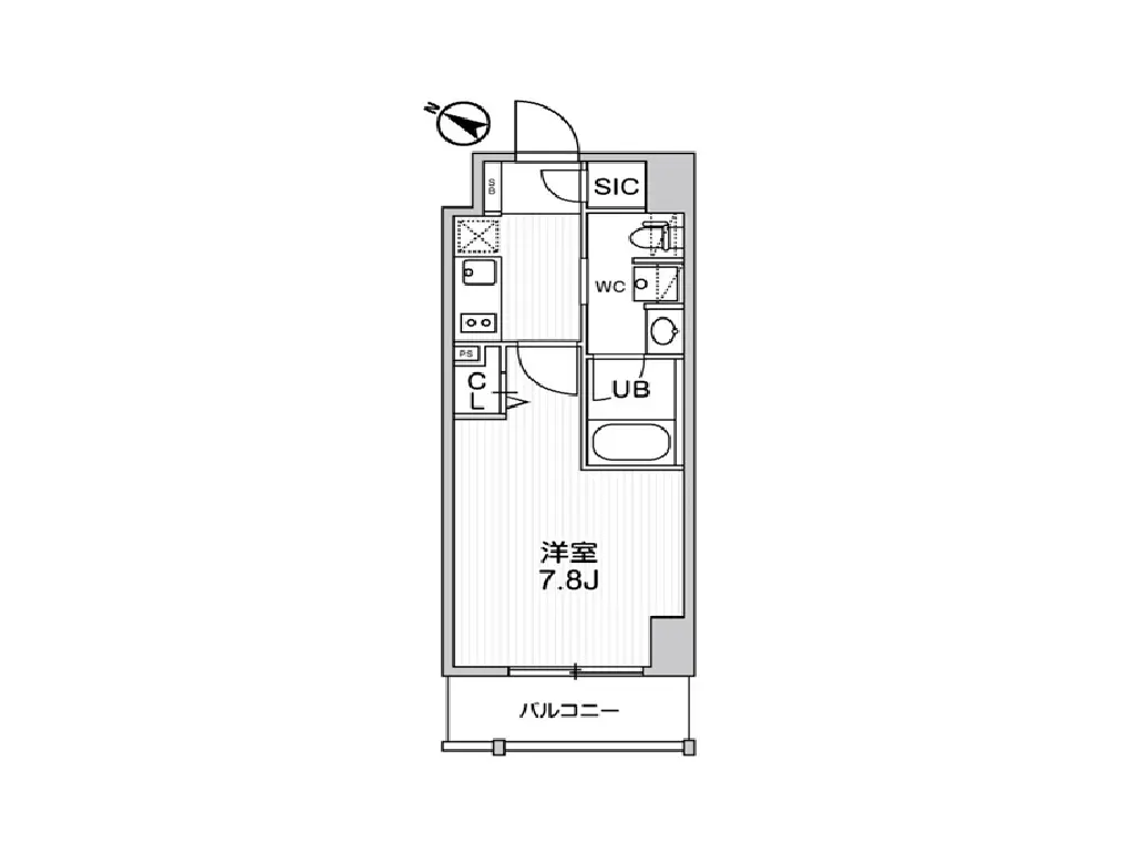 - 1Kタイプの間取り図、洋室7.8畳、キッチン、洗面所、トイレ、バルコニーを含む設計