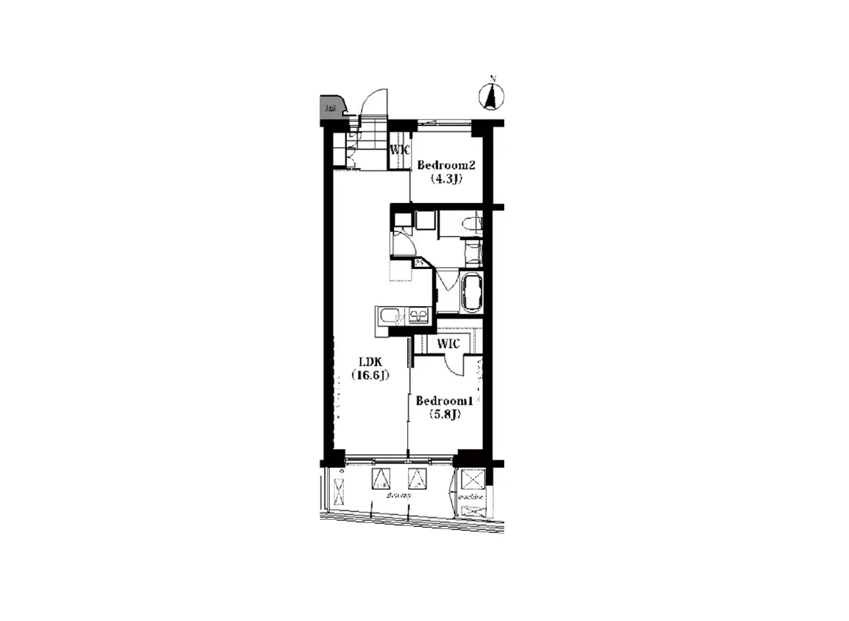 - 2ベッドルームの間取り図、LDK（リビングダイニングキッチン）、ウォークインクローゼット、洗面所が配置された住宅プラン