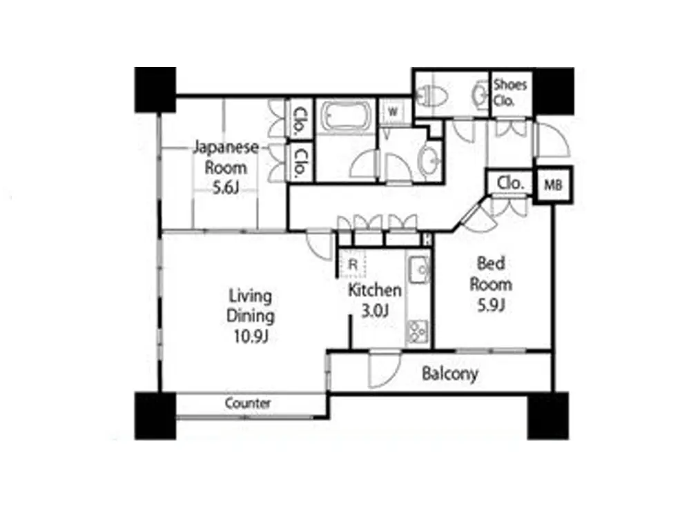 - 2LDKの間取り図、和室、リビングダイニング、キッチン、バルコニーを含む住宅設計