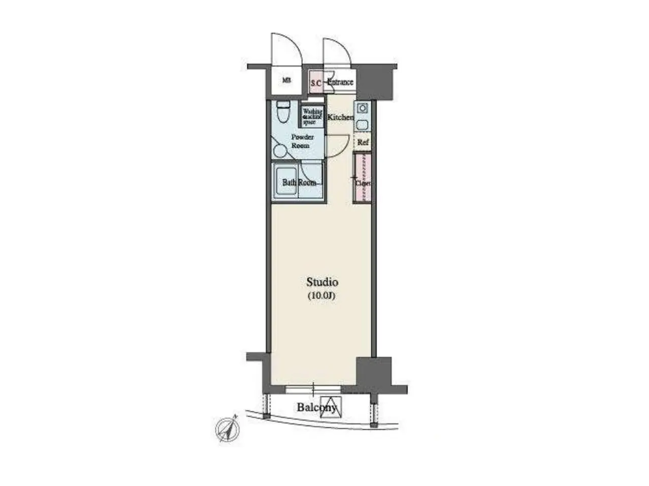 - スタジオタイプの間取り図、バルコニー付き、キッチン、バスルーム、洗面所を含む10.0帖の居住空間設計