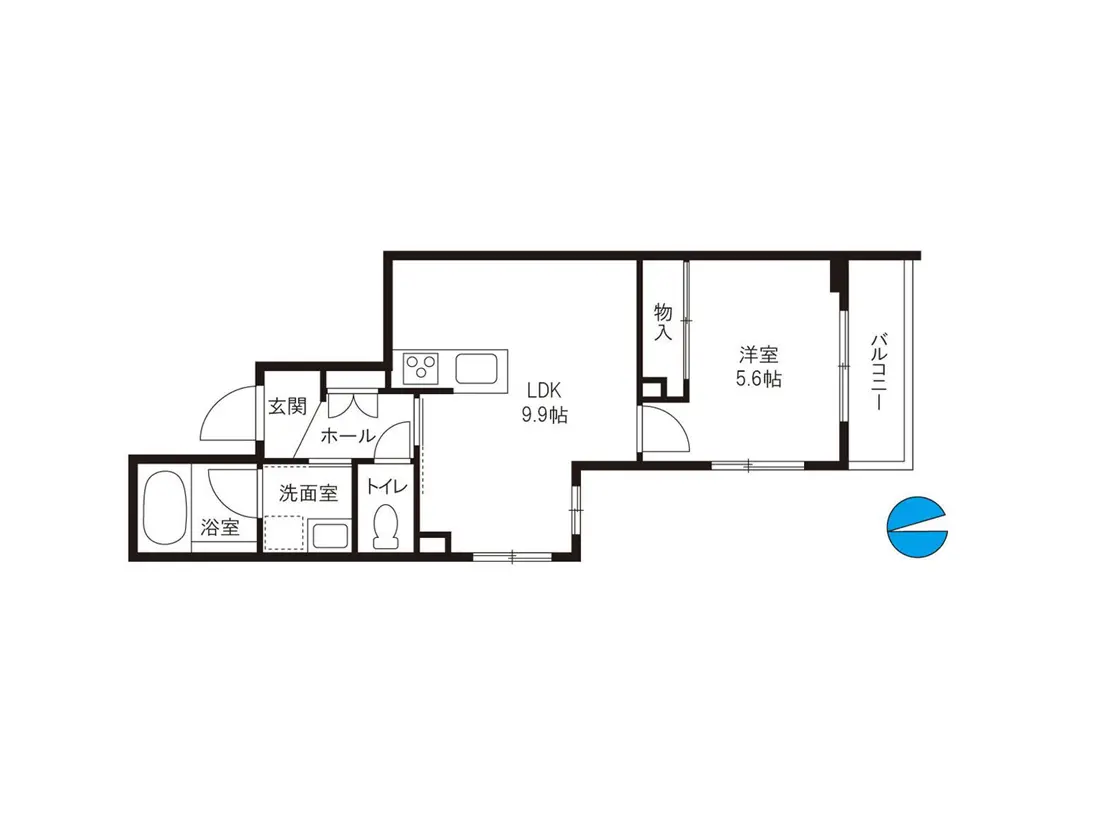 - 2LDKの間取り図、広々としたリビングダイニングキッチン（9.9帖）、洋室（5.6帖）、浴室、トイレ、洗面室、バルコニーの配置を示す図面