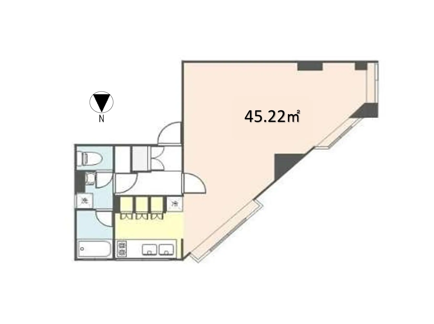 - 45.22㎡の間取り図、リビング、キッチン、バスルームが配置されたシンプルなデザインのレイアウト