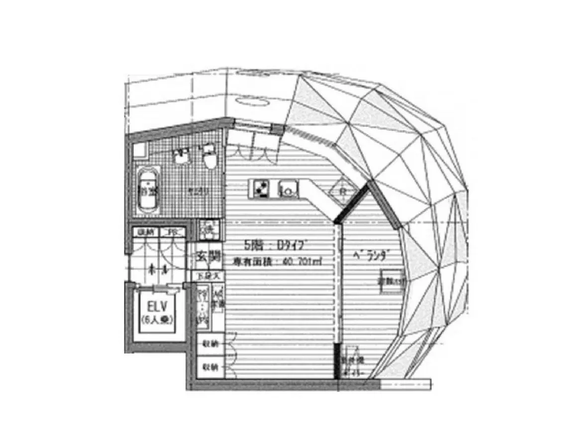 - 現代的なデザインの住宅の間取り図、円形のリビングとエレベーター、2階部分の配置図