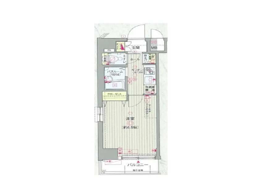 - 住宅の間取り図、各部屋の配置や寸法を示す詳細なレイアウト、バルコニーと洗面所の位置が明示されているビジュアル