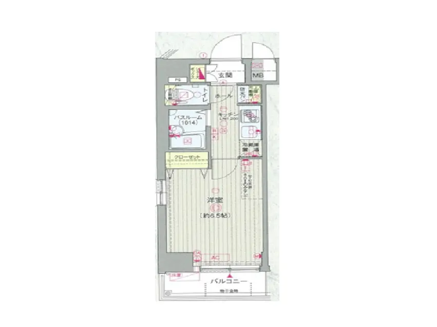- 2LDKの間取り図、リビングダイニングと洋室、バスルーム、クローゼット、バルコニーの配置が示されている図面