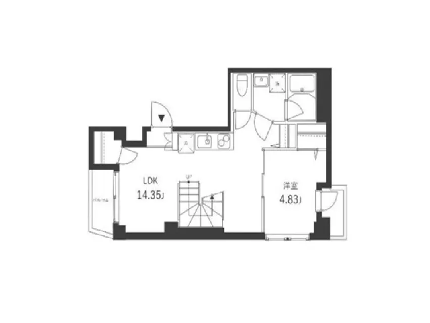 - LDK（14.35畳）と洋室（4.83畳）の間取り図、階段や水回りの位置が描かれたシンプルなレイアウト
