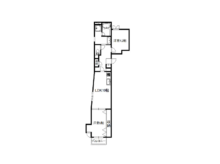 - 住宅の間取り図、LDK10帖、洋室6帖、洋室4.3帖、収納スペースとバルコニーを含む詳細な設計図