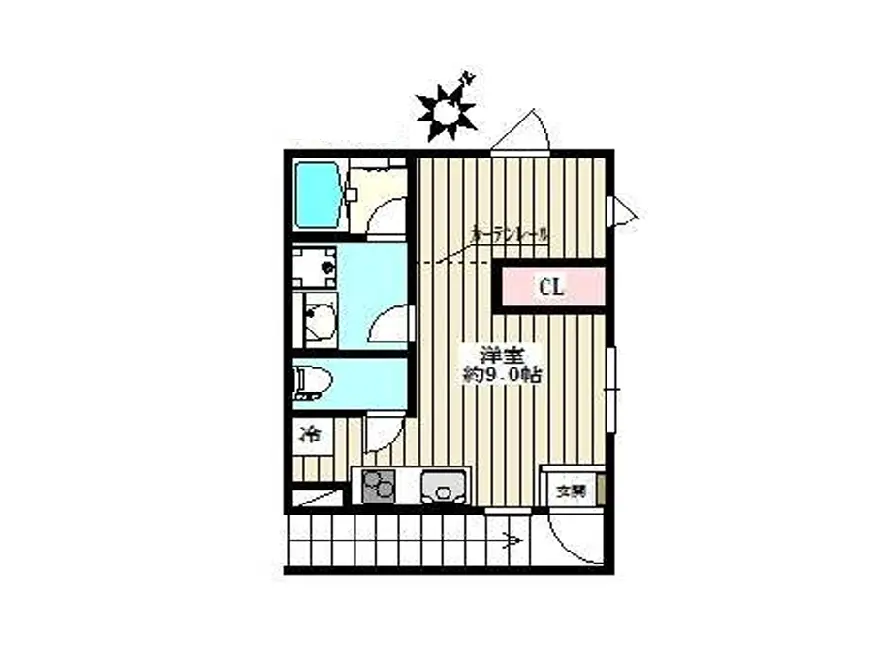 - 住宅の間取り図、洋室9帖、バスルーム、トイレ、キッチン、クローゼットを示したフロアプラン